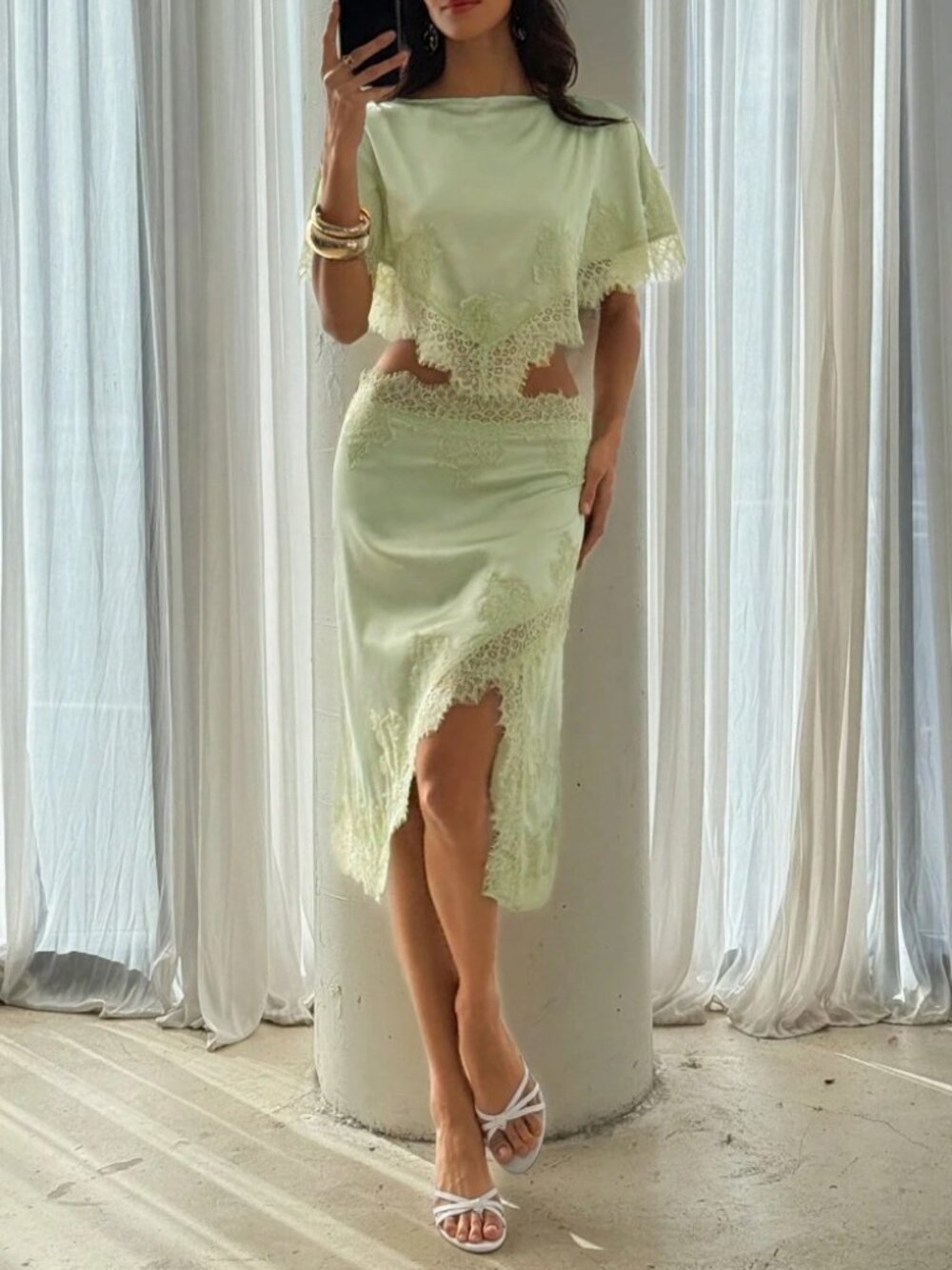 Sage Green Lace Trim Two-Piece Skirt Set